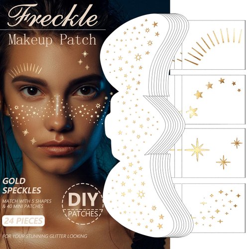 24 PCS Glitter Freckles Face Tattoo Gold Sparkle Makeup Patches Self Adhesive Sparkle Freckles Speckles Patches Waterproof Makeup Patches Party Supplies for Women Girls 24Pcs