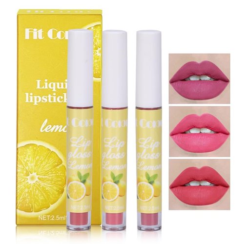 AKARY 3Pcs Fruit Matte Lipstick Set, Liquid Velvety Waterproof Long Lasting High Pigmented Fruit Lip Stain Lip Makeup for Women and Girls, Intense Color Smudge Lip Gloss Gift Set, Set B-Lemon