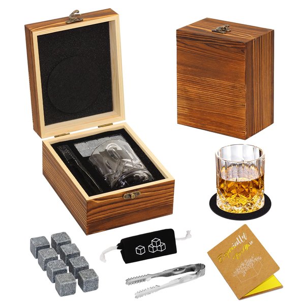 Whiskey Stones and Whiskey Glass Gift Set, DIOXADOP 8 Natural Whisky Stones 1 Crystal Whisky Glasses with Blessing Card in Exquisite Wooden Box, Prepare a Gift for a Whisky Scotch Bourbon Lover