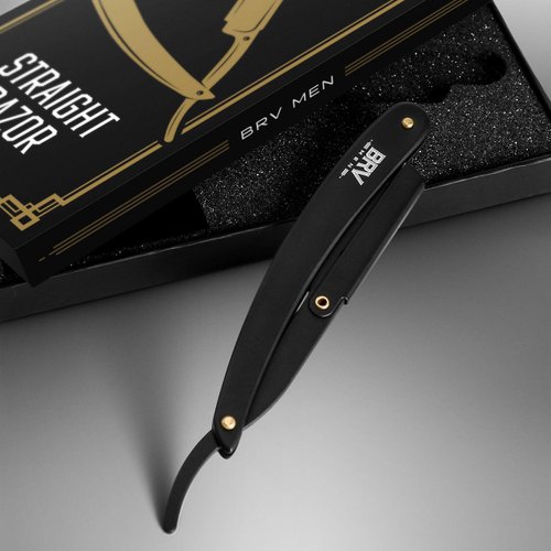 BRV MEN Professional GERMAN Steel Straight Edge Barber Razor w/ 100 Lord Platinum Single Edge Razor Blades | Straight Razors for Men | Barbershop Accessories | Mens Shaving Knife & Shavette - Black