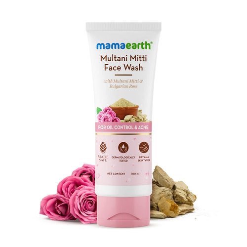 MAMAEARTH Multani Mitti Face Wash for Acne & Oil Control | Gently Cleanses Sebum & Reduces Acne | Non-Drying Formula | with Bulgarian Rose | 3.38 Fl Oz (100ml)