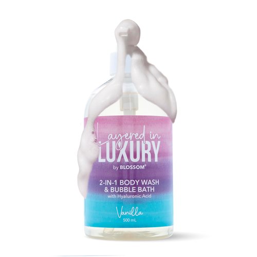 Blossom Layered In Luxury 2-in-1 Scented Body Wash & Bubble Bath with Hyaluronic Acid, Liquid Bath Gel Body Cleanser with Pump for Dry, Sensitive Skin, Men, Women + Kids, Cruelty Free, 500ml, Vanilla