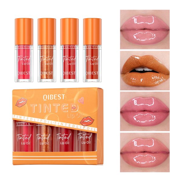 URQT 4 PCS Hydrating Tinted Lip Oil, Colorless Translucent Shiny Pearl Texture Lip Glow Oil, Nourishing & Non-sticky Long Lasting High Shine Lip Plumping Glass Finish Liquid Lip Gloss (Set B)