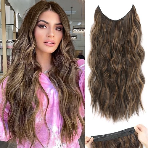 Halo hair extensions with Adjustable Transparent Headband Size 4 Secure Clips Long Wavy Invisible Wire Secret Hairpieces for Women Daily Party Use (Honey Blonde Mixed Light Brown, 20 Inch)