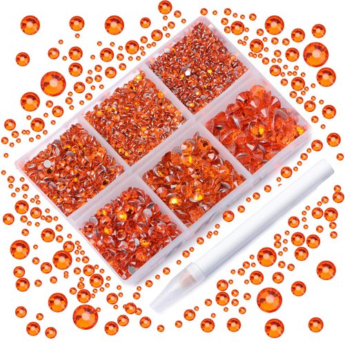 AD Beads 4300 Pieces Flat Back Nail Art Rhinestones Round Beads 6 Sizes (2-6.5mm) with Storage Organizer Box,Rhinestones Picking Pen for Nail Art Phone Decorations Crafts DIY (Orange)