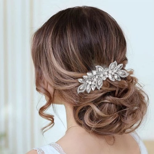 Yean Crystal Bridal Hair Comb Rose Gold Pearl Hair Piece Rhinestone Leaf Wedding Hair Accessories for Bride and Women (Silver)