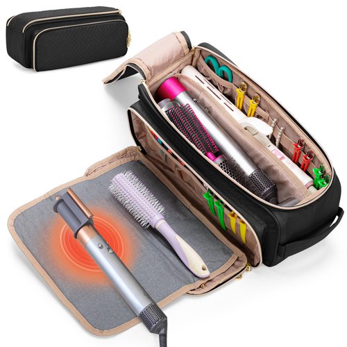 YARWO Hair Tools Travel Bag with Heat Resistant Mat for Straightener, Curling/Flat Iron, Blow Out Brush/Curler, 2 in 1 Hot Hair Styling Tool Organizer with Pockets for Hair Accessories, Black