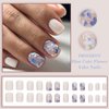 IMSOHOT Short Square Press on Nails Blue Flower Fake Nails Acrylic Glossy False Nails Glossy Squoval White Glue on Nails Full Cover Cute Stick on Nails for Women 24 Pcs