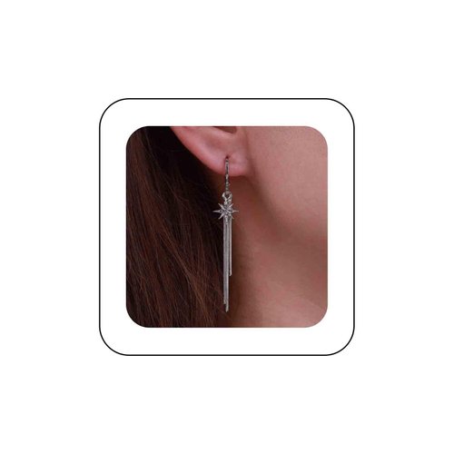 Sttiafay Vintage Crystal Northstar Dangle Earrings Long Star Tassel Chain Earrings Silver Metal Sleek Chain Earrings Cz North Star Tassel Chain Drop Earrings Jewelry for Women