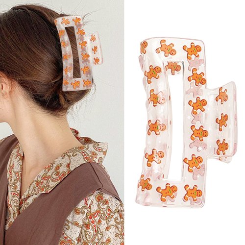 Christmas Hair Clips for Women Cute Gingerbread Man Hair Claw Clips Winter Holiday Square Claw Clips for Thick/Thin Hair Christmas Hair Accessories Strong Hold Jaw Clips 1PCS