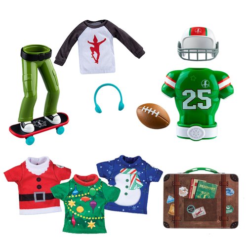 Scout Elf On The Shelf Clothes & Accessories Bundle - 1x Christmas T-Shirt Party Pack, 1x Snowflake Touchdown Tidings Set & 1x Holly Jolly Ollie Skateboard Set - Boy Elf Clothes Outfits