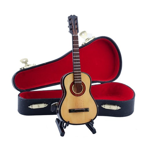 Dselvgvu Wooden Miniature Guitar with Stand and Case Mini Musical Instrument Miniature Dollhouse Model Home Decoration Ornament (5.91"x2.17"x0.74").