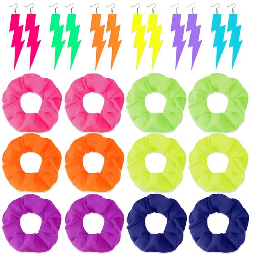 Vinsatin 12 Pack Neon Scrunchies for Hair 80s 6 Pairs 80s 90s Neon Earrings for Women Hair Scrunchies for Women's Hair Elastic Hair Bands Neon Earring Dangle Neon Hair Accessories for Women Party
