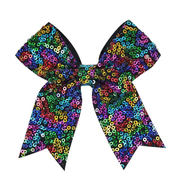 Glitter Cheer Bow Clip - 5 Inch Sequin Hair Bow with Tails for Girls Teen Softball Cheerleader Outfit Uniform-Black Holographic