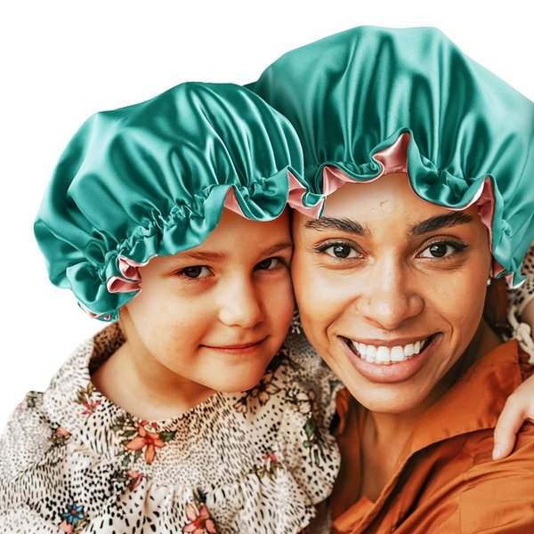 Sent Hair Mommy and Me Bonnet Set, Adjustable Hair Bonnet for Women and Baby/Kids/Toddler (0-3 Years Old), Double Layer Satin Bonnet Sleep Cap Curly Hair Cap (Green/Bean Paste)
