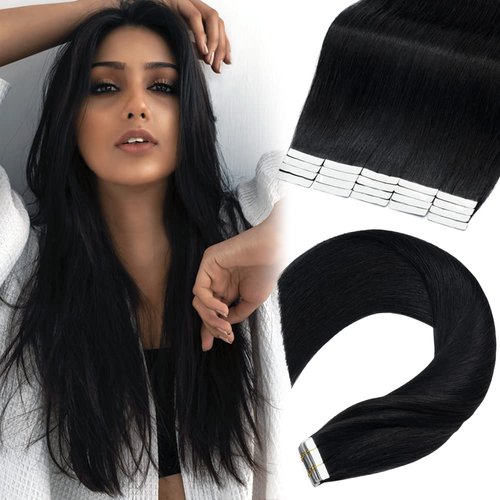 MY-LADY Tape in Hair Extensions Human Hair Jet Black Straight Real Remy Hair Invisible Seamless Skin Weft Best Tape for Women 20 Inch 20pcs 50g
