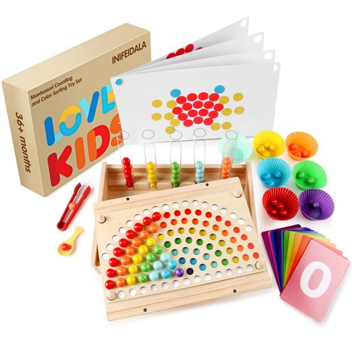 INIFEIDALA Wooden peg Board Bead Game-Counting and Color Sorting Toys,Montessori Toys for 3 4 5 Years Old， Preschool Kindergarten Learning Activities,Fine Motor Math Skills Toys for Boys and Girls