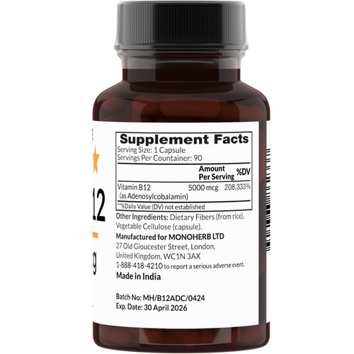MONOHERB Adenosylcobalamin B-12 Vitamin 5000 mcg - 90 Capsules