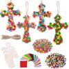 WinnerWhy 24 Sets Cross Crafts DIY Religious Wooden Cross Sticky Boards with Tissue Paper Beads Pompoms Make Your Own Cross Craft Christian Gift for Kids Sunday School Bible School Church Activities