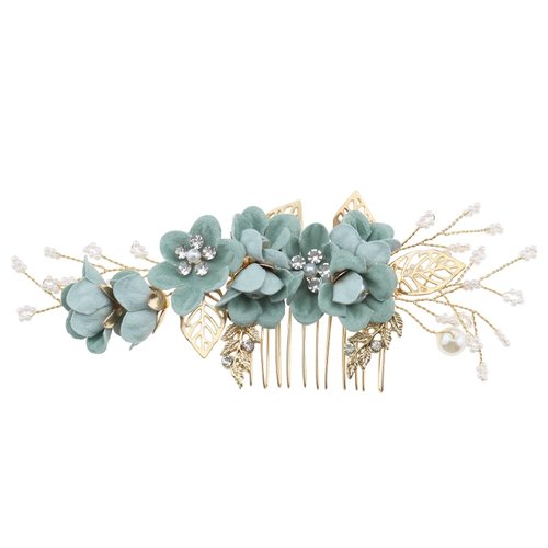 Micro Traders Wedding Bridal Hair Comb Flower Side Hair Clips Rhinestone Pearl Floral Headpiece Hair Tools Hair Accessories for Wedding Bridal Bridesmaid Green