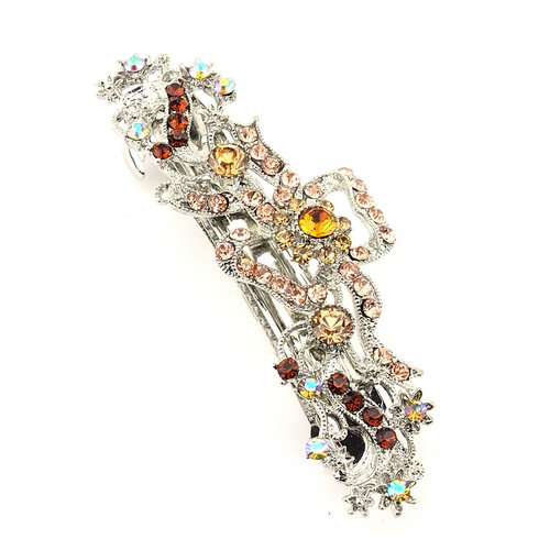Women&#39;s Rhinestone Metal Hair Barrette Clip Hair Pin Antique Silver IMB2149, Brown