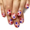4th of July Press on Nails Short Square Petite Fake Nails Pink Full Cover False Nails with Red Blue Star Designs Glossy Glue on Nails Acrylic Nails Manicure Artificial Nails for Women Girls 24Pcs