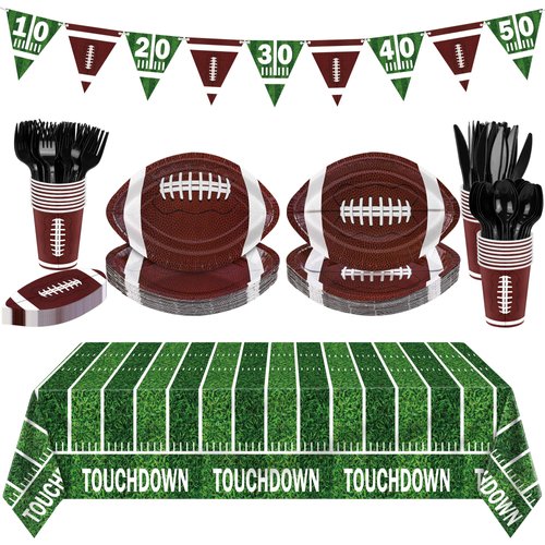 durony 146 Pcs Football Party Supplies Kit Serve 24 Disposable Thick Paper Plates Napkins Cups Cutlery Touchdown Tablecloth Banner for Super Bowl Game Day Theme Birthday Tailgate Party Decorations