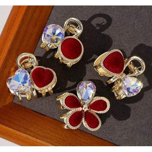 4PCS Red Velvet Small Hair Clips Crystal Rhinestones Hair Claw Clips for Women Girls Hair Accessories