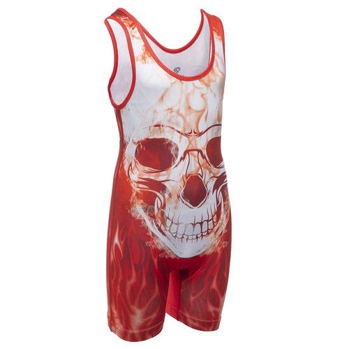 KO Sports Gear - Unisex Wrestling Singlet (Red Skull, Adult Medium)