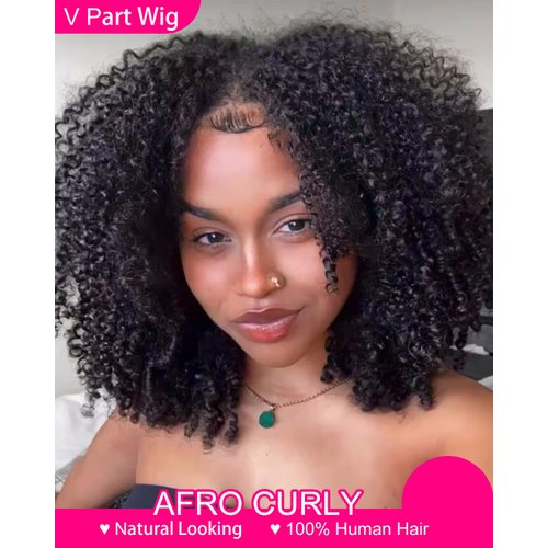 Vshow Curly V Part Wig Human Hair Upgrade U Part Wigs Human Hair Wigs for Women Glueless V Shape Wigs Afro Curly Wigs No Leave Out 180% Density Natural Color 18Inch