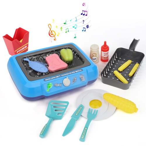 Kids Play Kitchen Accessories Toy Set, Toddler Kitchen Cooking Toys, Grill Kitchen Playset for Kids with Color Changing Play Food, Kids Kitchen Playset Christmas Birthday Gifts Toys for Age 3+, Blue