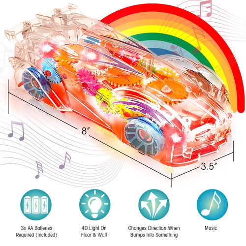 Light Up Transparent Gear Racer Toy Car for Kids, Bump and Go Toy car with Colorful Moving Gears, Music, and LED Effects, Fun Educational Toy for Kids, Great Birthday Gifts For kids 3 years and older