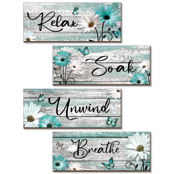 Sunnyray 4 Pcs Farmhouse Spring Bathroom Wall Decor Sign Daisy Tulip Flowers and Butterfly Bathroom Wall Art Relax Soak Unwind Breathe Rustic Wood Plaque Spring Decor(Turquoise, 10 x 4 Inch)