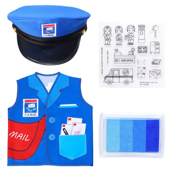 Keymall Kids Mailman Costume With Postman Hat Mail Carrier Vest Clear Stamp Ink Pad For Pretend Play Halloween Postal Costume