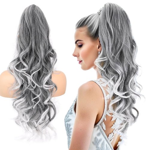 SOMOREATY Ponytail Extension, Claw Clip & Drawstring 2-in-1 Ponytail Extensions Synthetic Hairpiece 24" Long Curly Wavy Layered Hair Extension Pony Tails for Women(Silver Grey to White Ends)