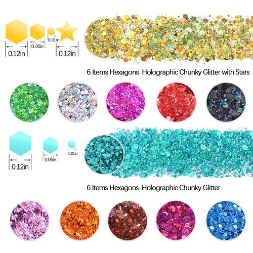 Holographic Chunky Glitter Sequins, 12 Colors Mixed Cosmetic Glitter for Face Body Eye Hair Nail Art Lip Gloss Makeup, Festival Glitter with Different Hexagons Size and Stars (Laser Mix)