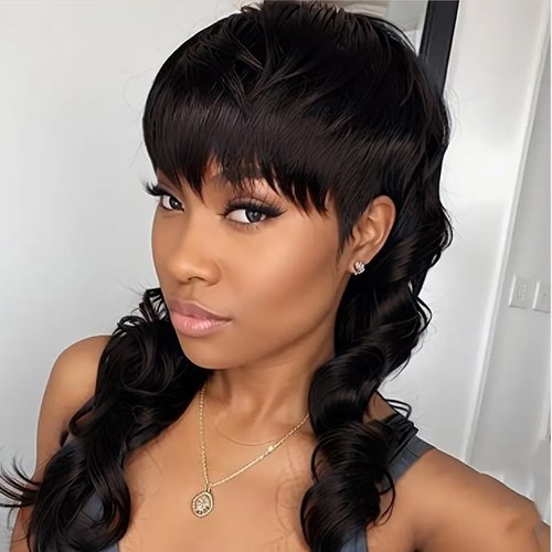 Daiaces Dark Brown Mullet Wig for Women Long Wavy Wig with Bangs Synthetic Cosplay Costume Wig for Women Girls