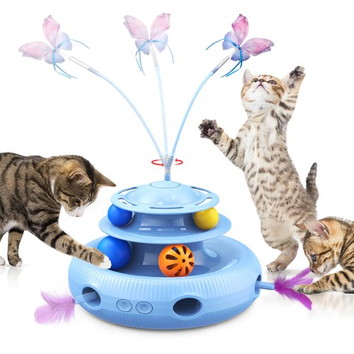 Cat Toys, 4-in-1 Rechargeable Automatic Interactive Cat Toy with Fluttering Butterfly, Random Moving Ambush Feather, Two-Tier Track Balls, 5H Smart Standby, Touch-Activated (Blue)