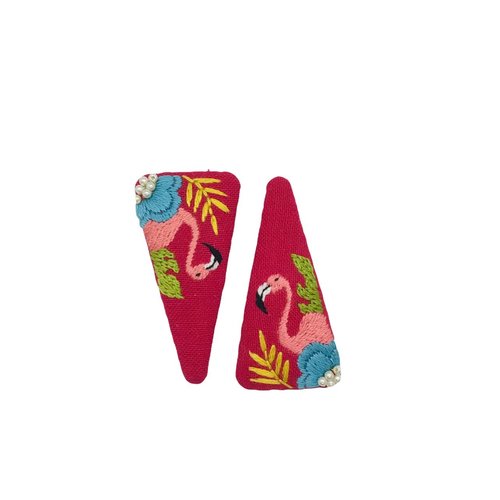 ETA Set of 2 Handmade Embroidery Hair clips, Vintage Embroidered Flamingo Floral and Animal Gift for Daughter, Teenager, Woman, Girlfriend, Wife, Unique Accessory, Red, HC12