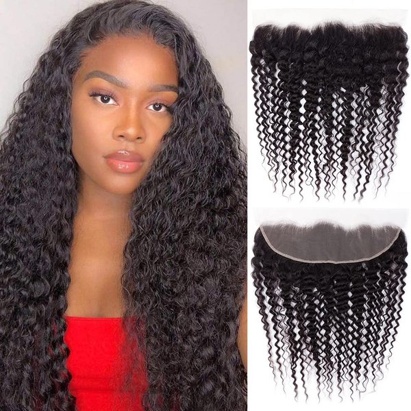 Lace Frontal Closure 13x4 Ear to Ear HD Lace Frontal Deep Wave Brazilian Virgin Human Hair Extensions Frontal Bleached Knots Pre Plucked With Baby Hair Natural Color 18 Inch
