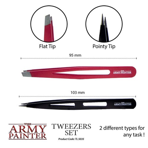 The Army Painter Tweezer - 2-Piece Precision Tweezers Set of Sharp Tweezers Precision & Fine Pointed Tweezers for Assembling Miniatures- Small Crafting Tweezers: 95 mm Flat Tip & 103 mm Pointy Tip