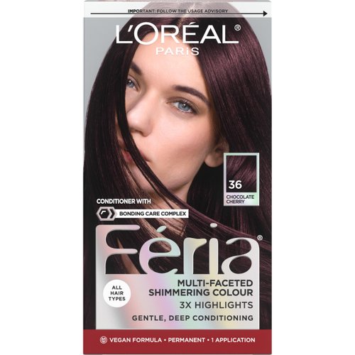 L'Oreal Paris Feria Multi-Faceted Shimmering Permanent Hair Color in 36 Deep Burgundy Brown, Pack of 1 Hair Dye Kit