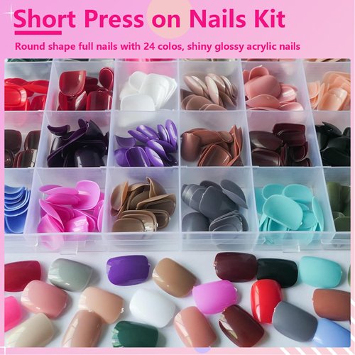 AddFavor 576pcs Short Press on Nails 24 Color Glossy Fake Nails Full Cover Solid Color Acrylic Artificial False Nail Tips for Women Girls Nail Art Manicure