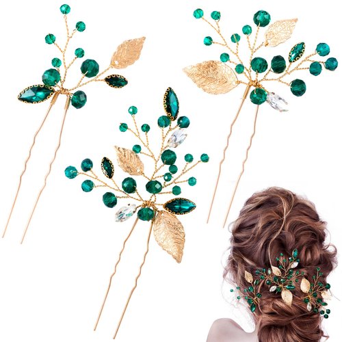 PAGOW 3pcs Green Crystal Hair Pins, Wedding Bride Rhinestones Green Leaf Hair Clips, Elegant Headpiece Hair Jewelry Accessories for Women and Girls