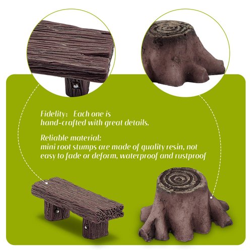 12 Pieces Miniature Garden Ornaments, Includes 6 Pieces Retro Wooden Style Benches, 6 Pieces Artificial Mini Root Stump for Moss Terrariums Landscape Dollhouse Accessories Decorations