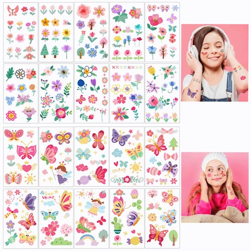 20 sheets Flower Temporary Tattoos Tattoos Temporary for Girls Cute Butterfly Temporary Tattoos for Child Colorful Fake Waterproof Tattoo Stickers for Party Birthday Decorations Supplies Gifts