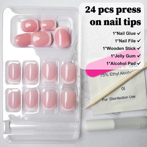 Bellelfin 24Pcs Short Press on Nails Square White French Tip Fake Nails,Glossy Pink Nails Short French False Nail Acrylic Glue on Nails for Women Girls Artificial Fingernails