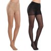 MANZI 2 Pairs Women's Sheer Tights 40D High Waist Control Top Pantyhose Thigh High Stockings Black Natural Nude Medium