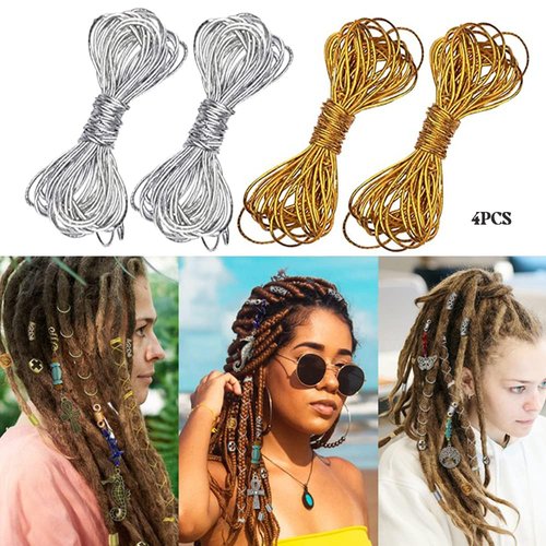 4 Pieces 5M (16.4ft) Dreadlock Braids Hair Accessories Silver Gold Braiding Hair,Deco Styling Shimmer Stretchable African Braid Braided Elastic Cord Ornament Hanging Decorating