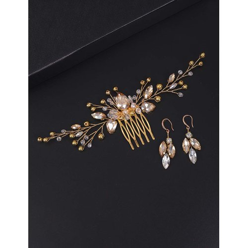 BERYUAN Women Champagne Crystal Earring Hair Vine Set Gold Wedding Hair Accessory Gold Hair Comb Party Prom Headpiece for Bride Bridesmaid Girls